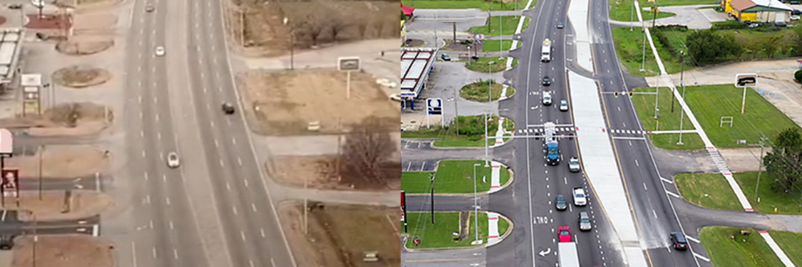 Aerial photos of Alabama’s West South Boulevard before and after pedestrian safety improvements such as reduced lanes, a raised median, and lighting installation were made. 